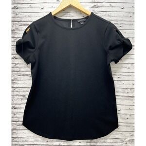 Ann Taylor Blouse XS Black Puff Sleeve Pleated Twist Short Sleeve